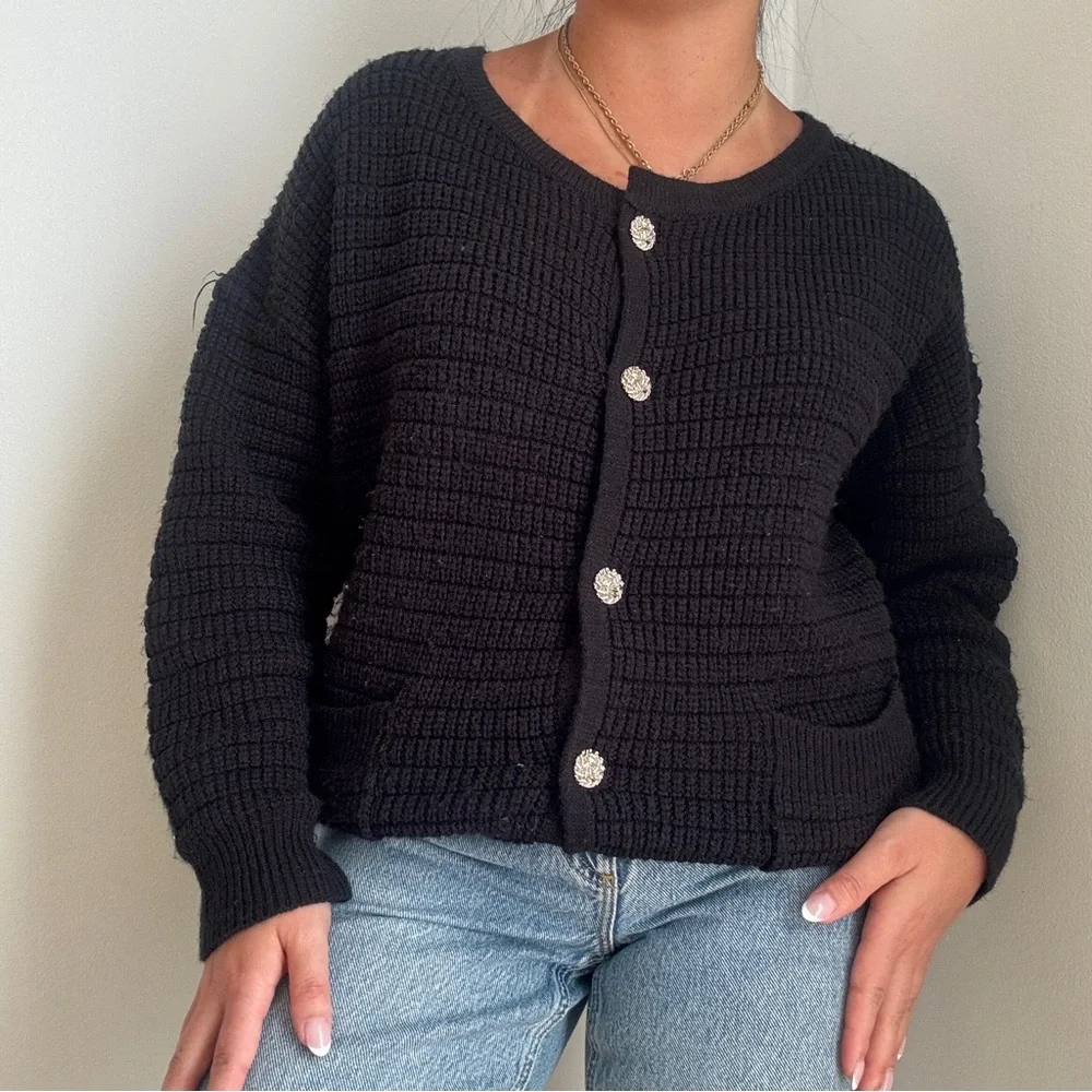 Black Knit Button-Front Cardigan Sweater - Picture 2 of 4